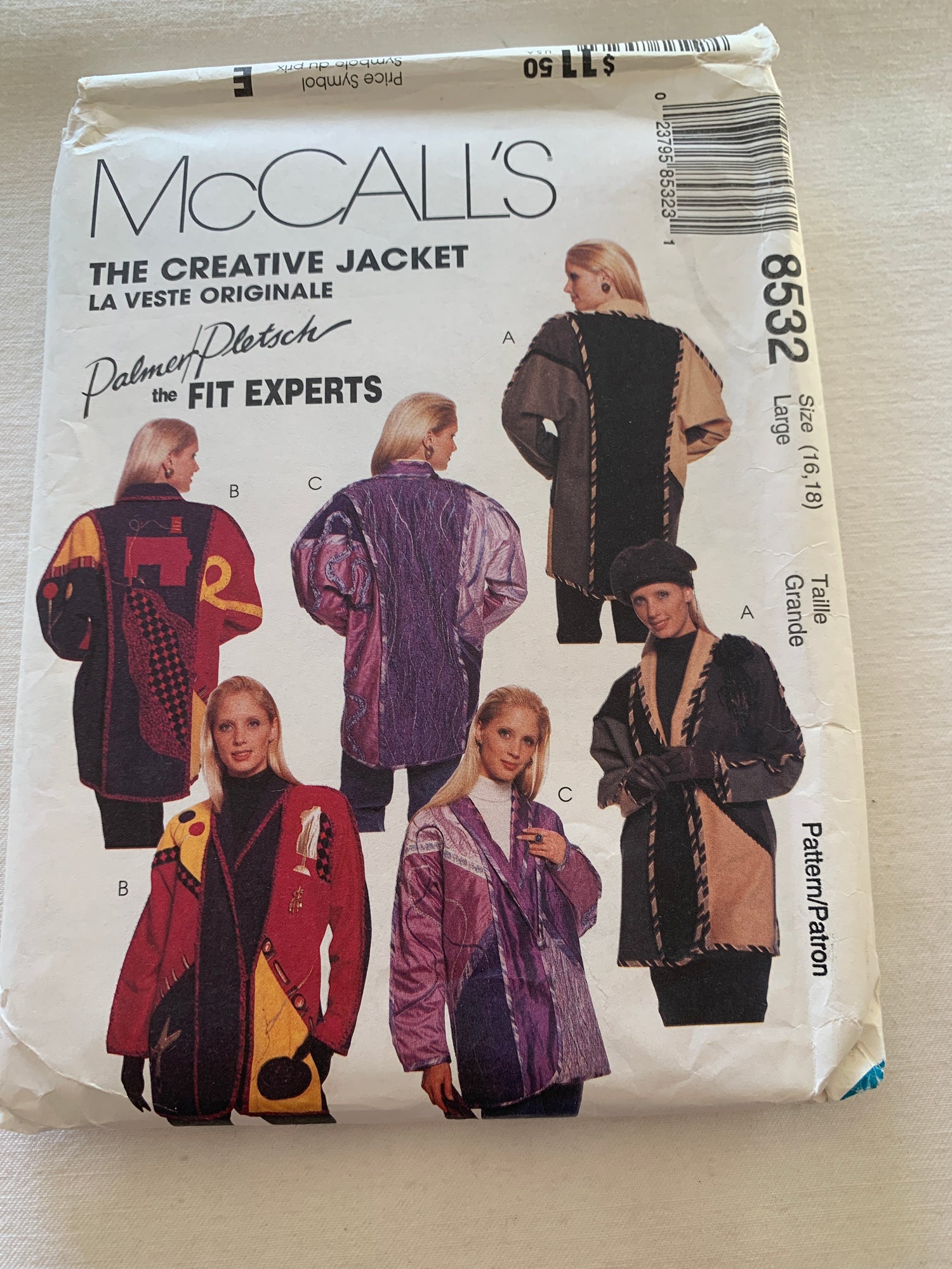 McCall's Sewing Pattern Palmer Pletsch 8532 Misses' Unlined, Lined, Jackets, Coat, Pockets, Long Sleeves, Shoulder Pads, Size 16-18, Uncut, Vintage 1996