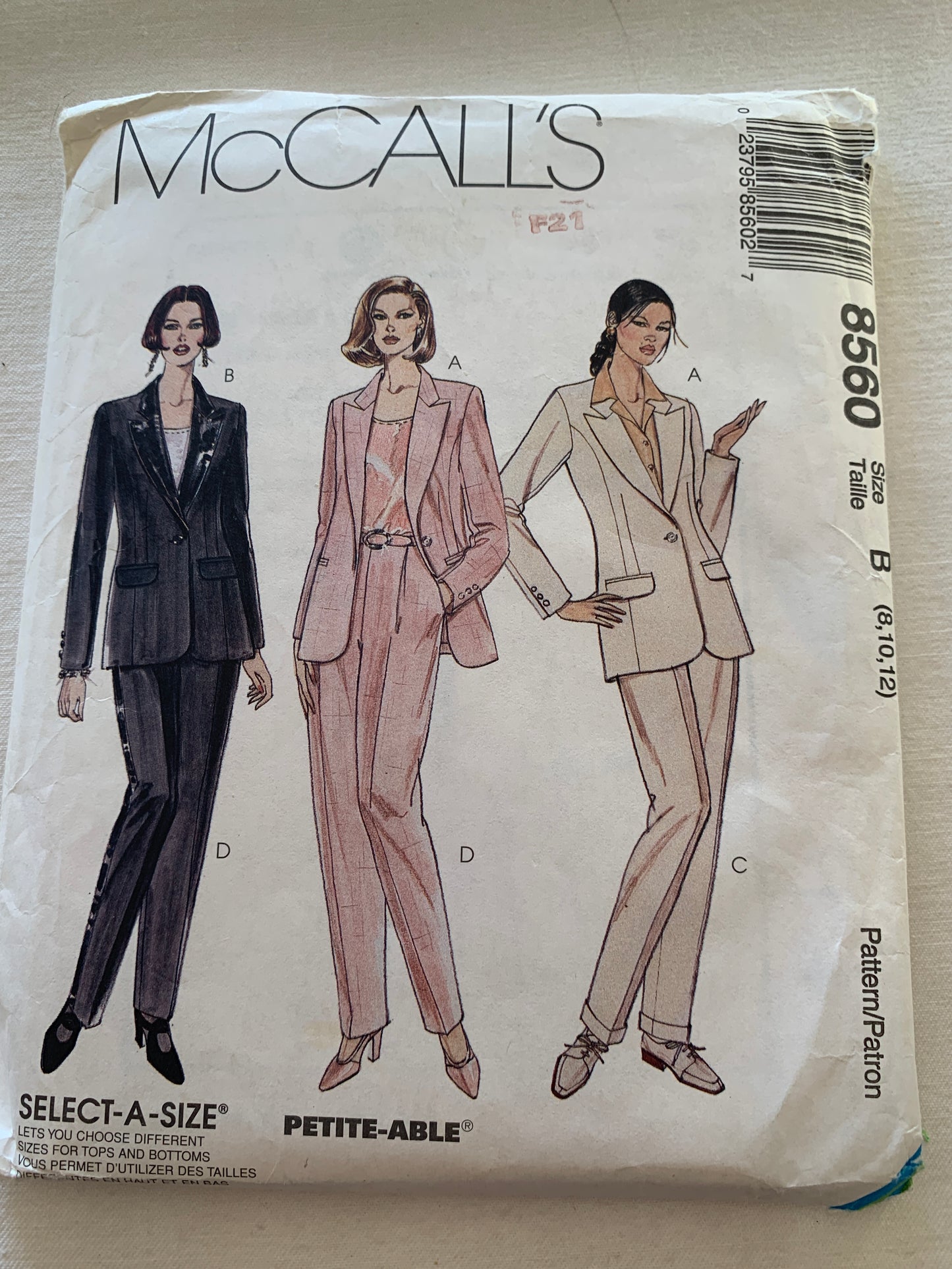 Mccall's Sewing Pattern 8560 Misses' Lined Jacket, Pants, Pullover Top, Princess Seams, Semi-Fitted, Size 8-12, Uncut, Vintage 1995