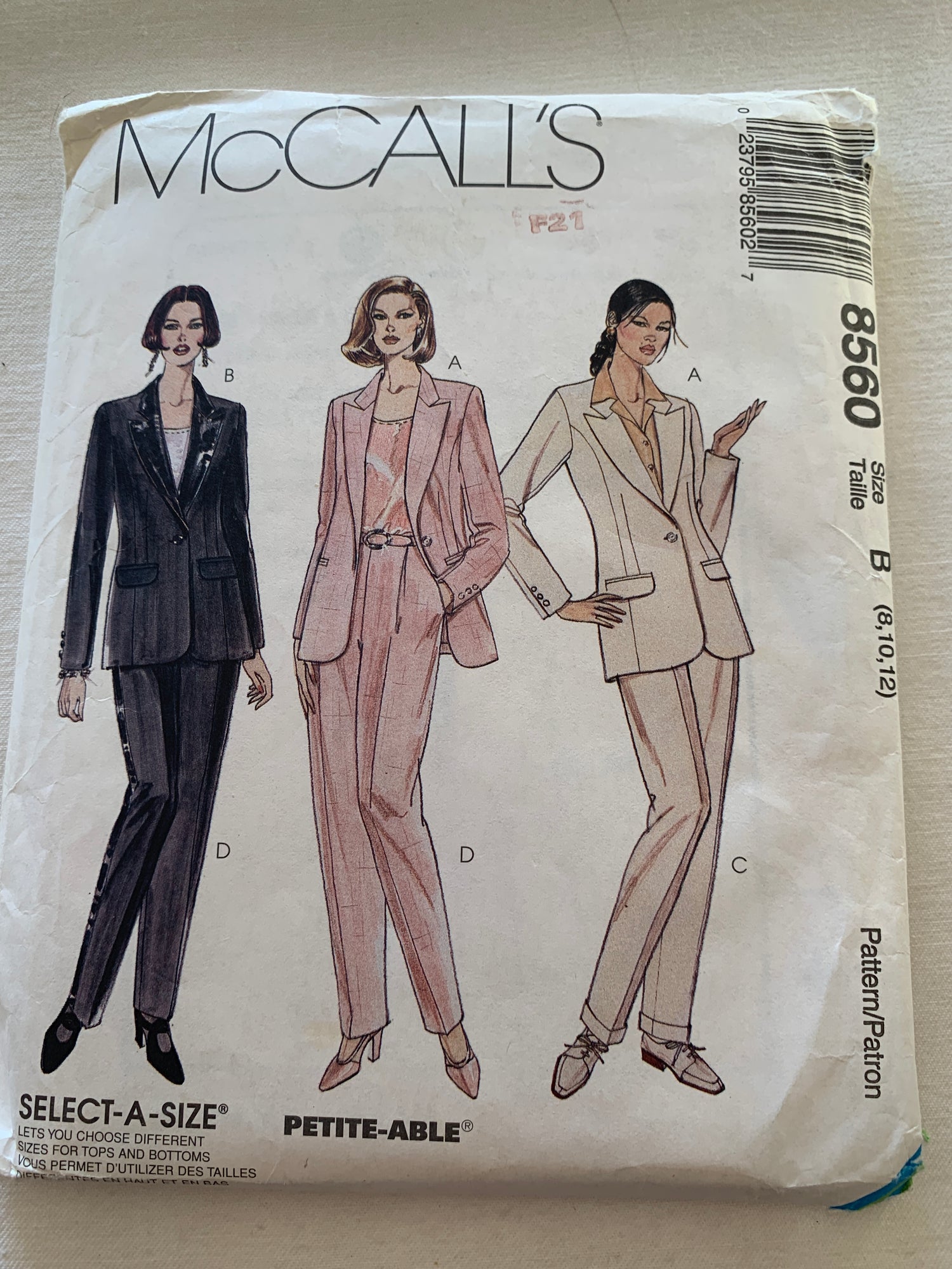 Mccall's Sewing Pattern 8560 Misses' Lined Jacket, Pants, Pullover Top, Princess Seams, Semi-Fitted, Size 8-12, Uncut, Vintage 1995