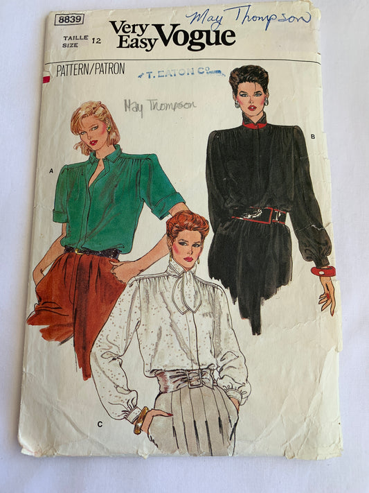 Vogue Sewing Pattern 8839 Misses' Blouse, Top, Loose-Fitting, Long/Short Sleeves, Shoulder Pads, 3 Variations, Cut, Size 12, Vintage 1988