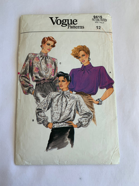Vogue Sewing Pattern 9415 Misses' Blouse, Top, Loose-Fitting, Long/Short Sleeves, Shoulder Pads, 3 Variations, Cut, Size 12, Vintage 1985