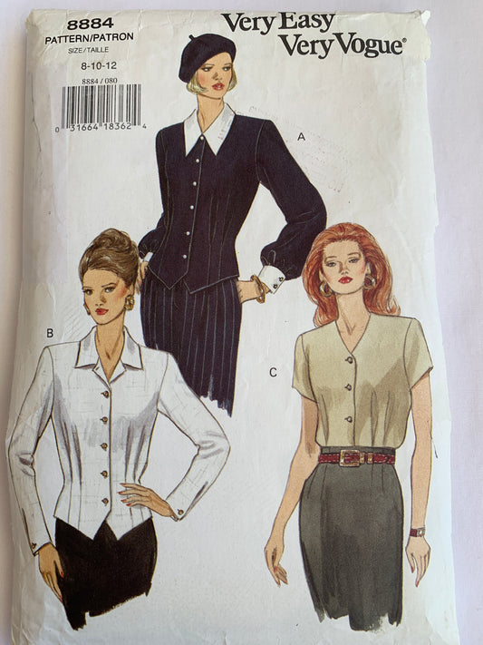 Vogue Sewing Pattern 8884 Misses' Blouse, Top, Loose-Fitting, Long/Short Sleeves, Shoulder Pads, 3 Variations, Cut, Size 8-12, Vintage 1994