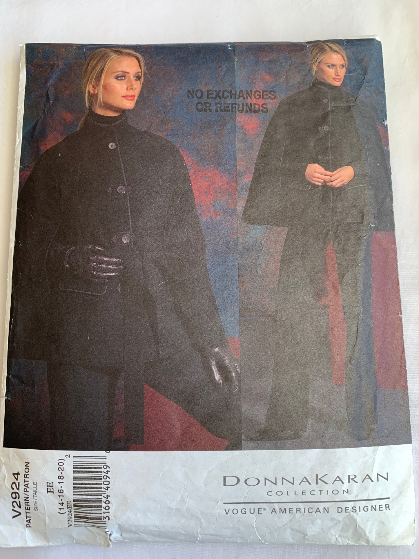 Vogue Donna Karan Sewing Pattern V2924 Misses' Cape, Belt, Pants, Unlined, Side Zipper, Size 14-16, Cut, 2006