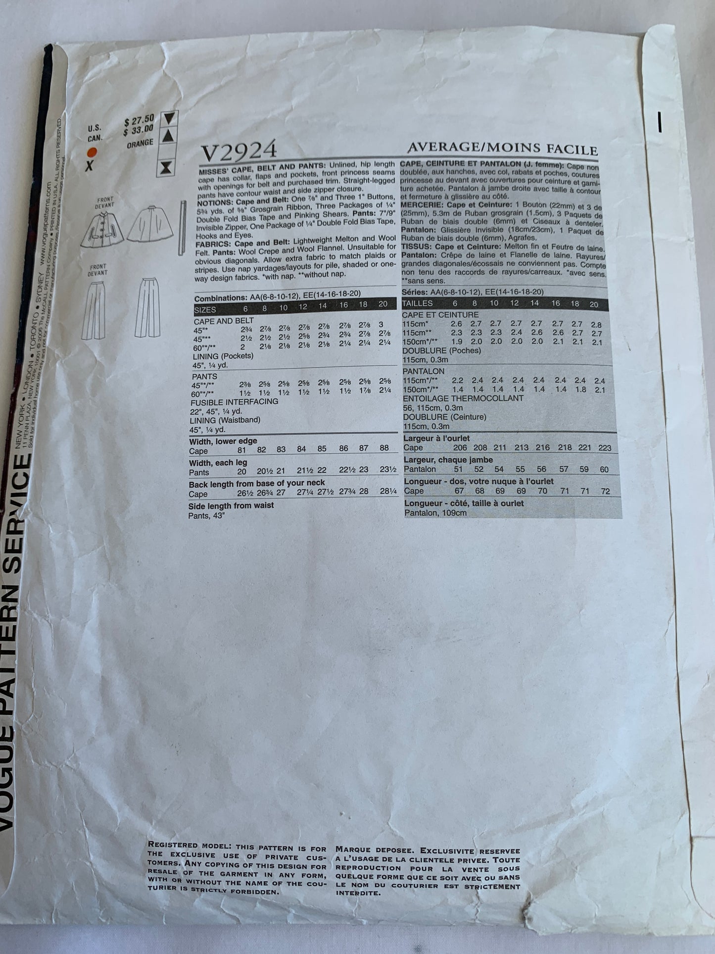 Vogue Donna Karan Sewing Pattern V2924 Misses' Cape, Belt, Pants, Unlined, Side Zipper, Size 14-16, Cut, 2006