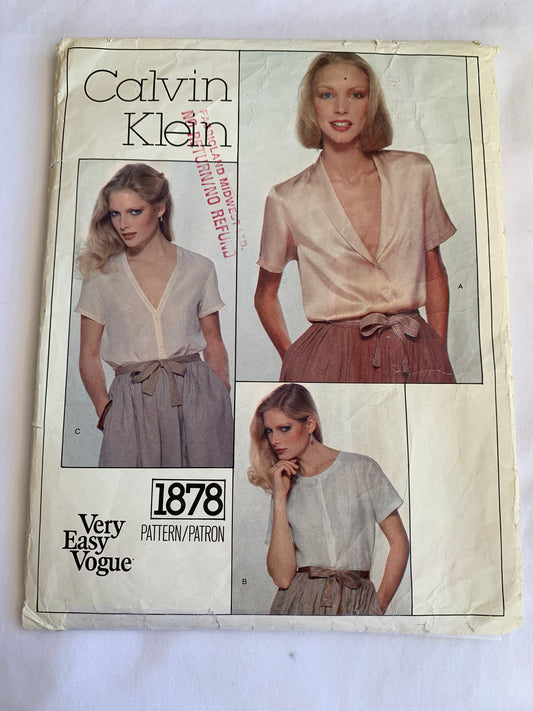 Vogue Calvin Klein Sewing Pattern 1878 Misses' Blouse, Top, Loose-Fitting, Short Sleeves, 3 Variations, Cut, Size 10, Vintage 1988