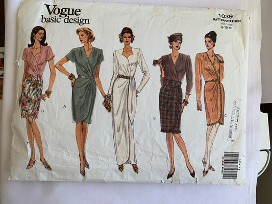 Vogue Sewing Pattern 1039 Misses' Dress, Long/Short Sleeves, Shoulder Pads, Zipper Back, Size 80-12, Cut, Vintage 1993