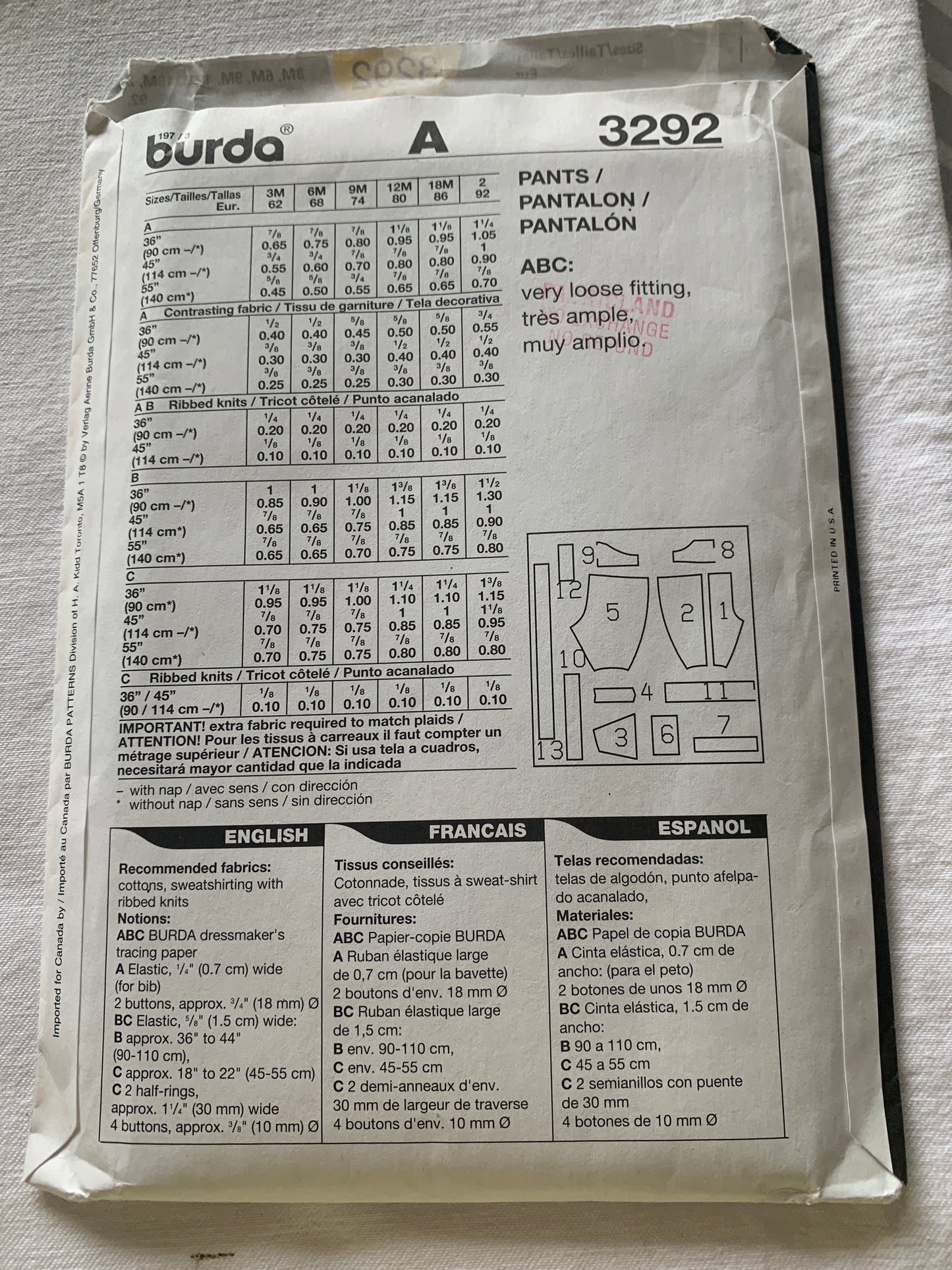 Burda Sewing Pattern 3292 Boy's/Girl Toddler Pants, Loose-Fitting, Criss/Cross, Size 6 mths-2, Uncut, 2016 