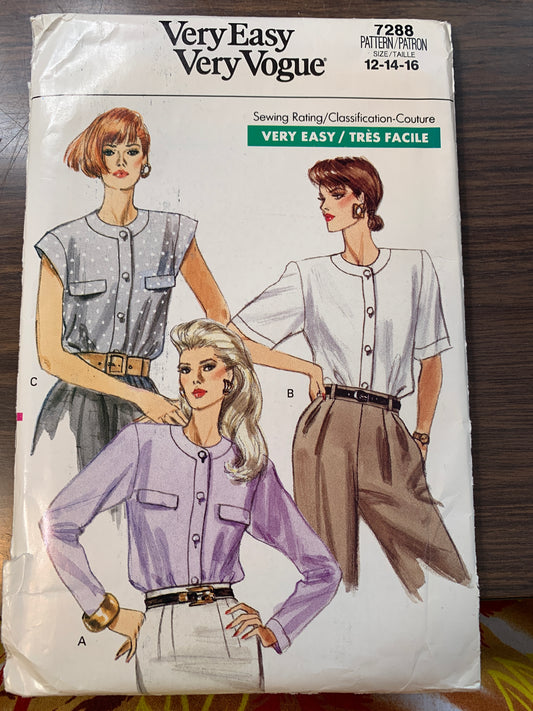Vogue Sewing Pattern 7288 Misses' Blouse, Top, Loose-Fitting, Long/Short Sleeves, Shoulder Pads, 3 Variations, Cut, Size 12-16, Vintage 1988