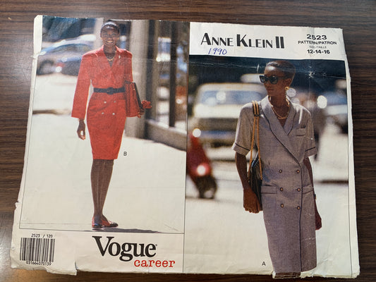 Vogue Anne Klein II Sewing Pattern 2523 Misses'/Misses' Petite Dress, Loose-Fitting, Button Front, Shoulder pads, Size 12, Cut, Vintage 1990