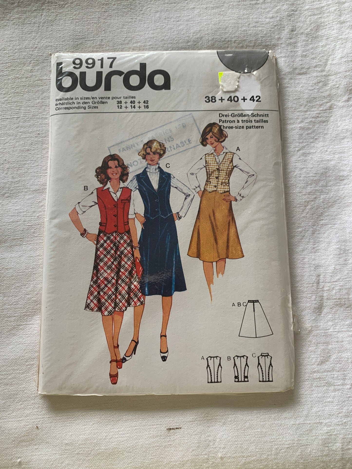 Burda Sewing Pattern 9917 Misses' Skirt, Vest, Button Front, Zipper Back, Sleeveless, 3 Variations, Size 12-16, Uncut, 2002