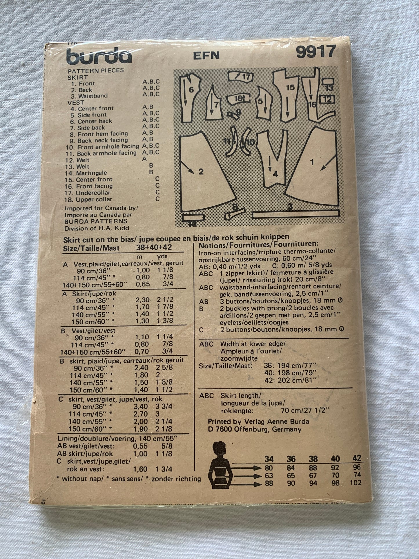 Burda Sewing Pattern 9917 Misses' Skirt, Vest, Button Front, Zipper Back, Sleeveless, 3 Variations, Size 12-16, Uncut, 2002
