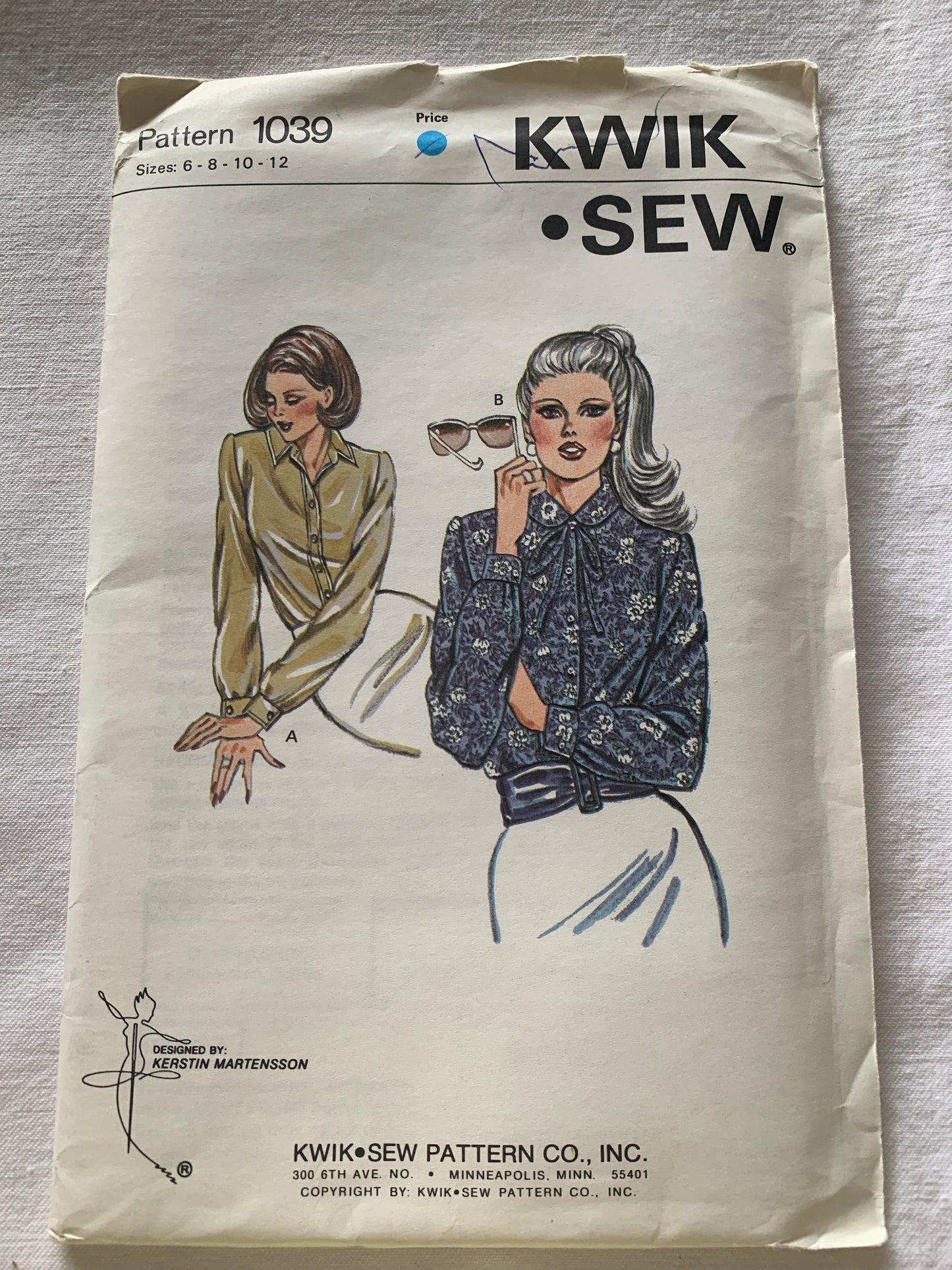 KWIK Sewing Pattern 1039 Misses' Blouse, Long Sleeves, Button Front, 2 Variations, Size 6-12, Uncut, Vintage 1970