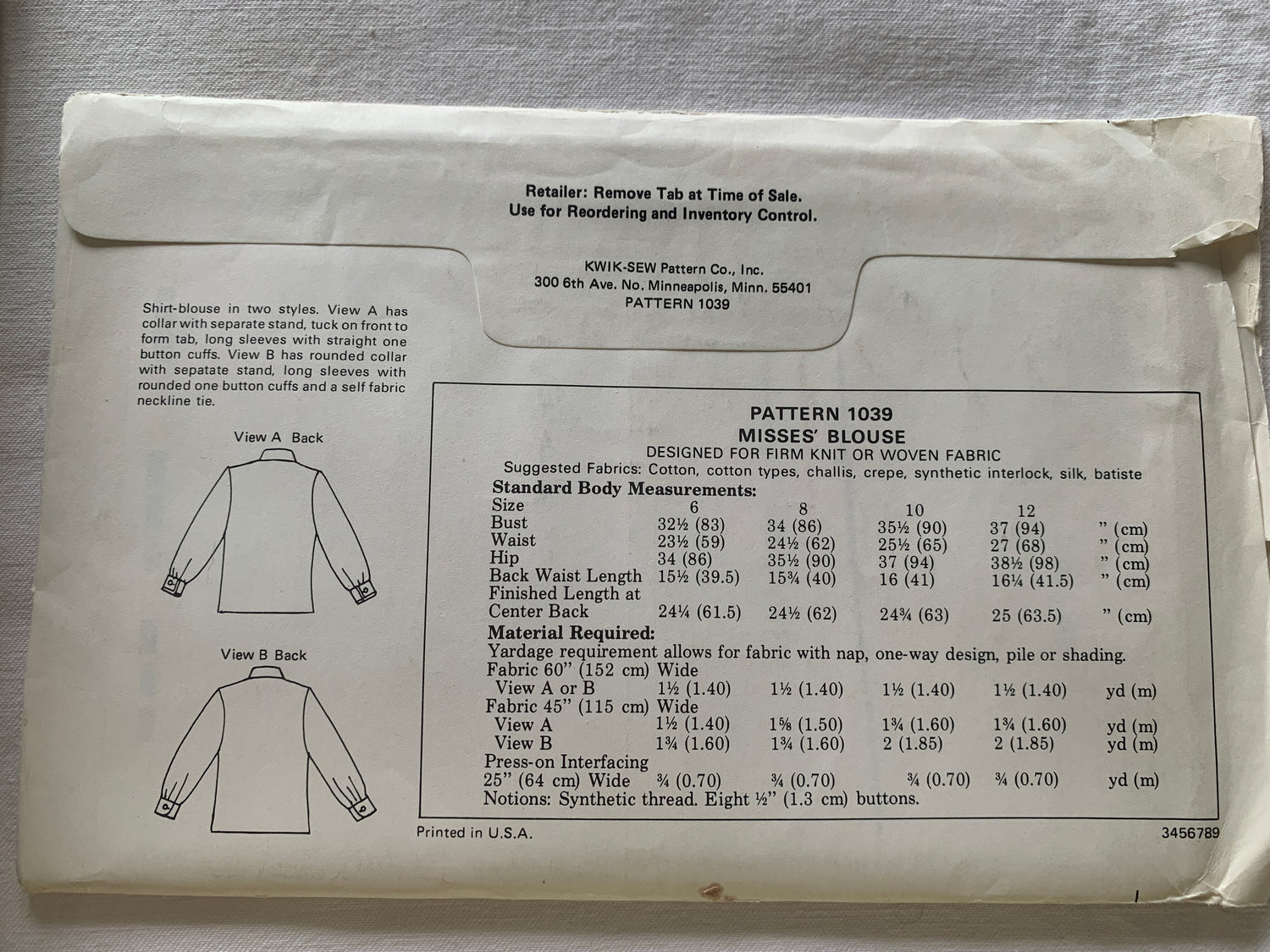 KWIK Sewing Pattern 1039 Misses' Blouse, Long Sleeves, Button Front, 2 Variations, Size 6-12, Uncut, Vintage 1970