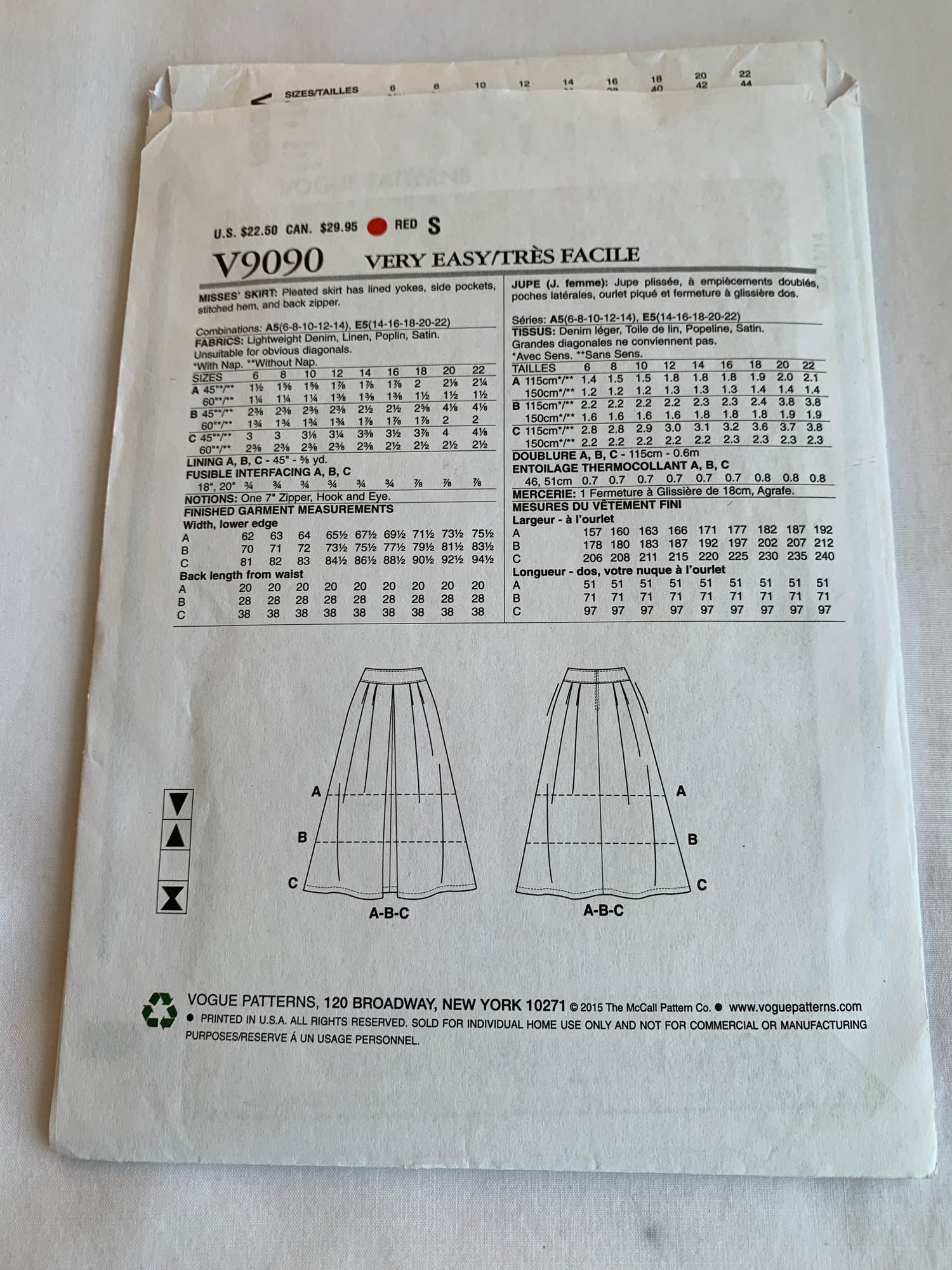 Vogue Sewing Pattern V9090 Misses' Skirts, Pockets, Side Zipper, Size 14-22, Cut, 2015