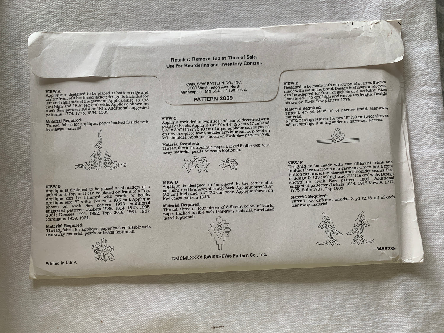 KWIK Sewing Pattern 2039 Appliques, 6 Variations, Uncut, Vintage 1980