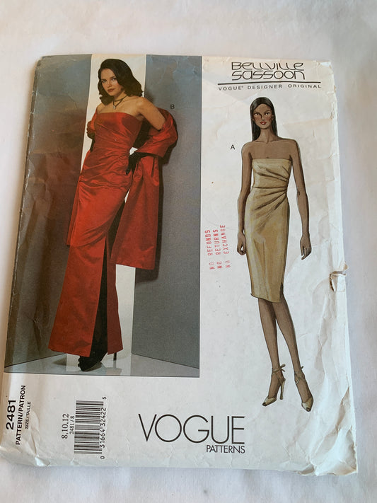 Vogue Sewing Pattern 2481 Misses' Dress, Stole, Close-Fitting, Side Zipper, Size 12, Cut, 2006