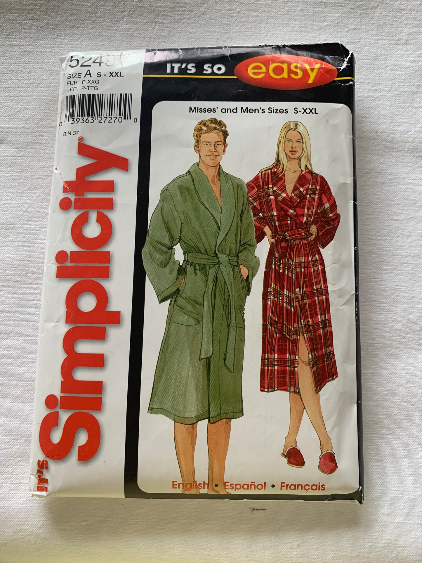 Simplicity Sewing Pattern 5249 Men's/Misses' Robe, Long Sleeves, Tie Belt, Pockets, Size S-XXL, Uncut, Vintage 2003