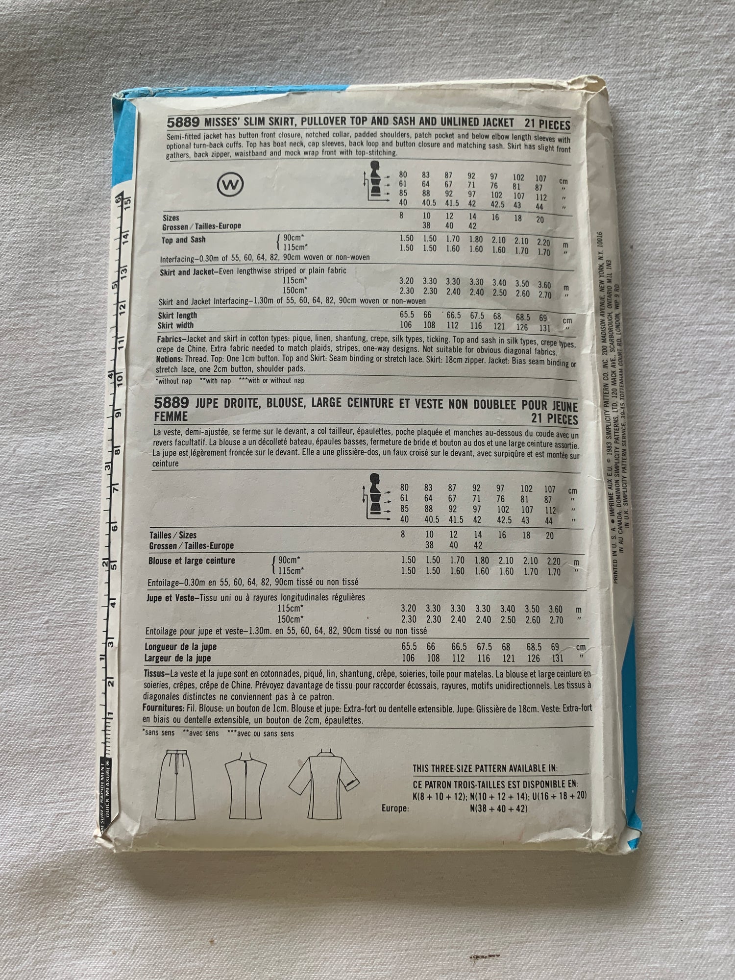 Simplicity Sewing Pattern 5889 Misses' Slim Skirt, Pullover Top, Loose-Fitting, Unlined Jacket, Sash, Zipper Back, Size 8-12, Uncut, Vintage 1983