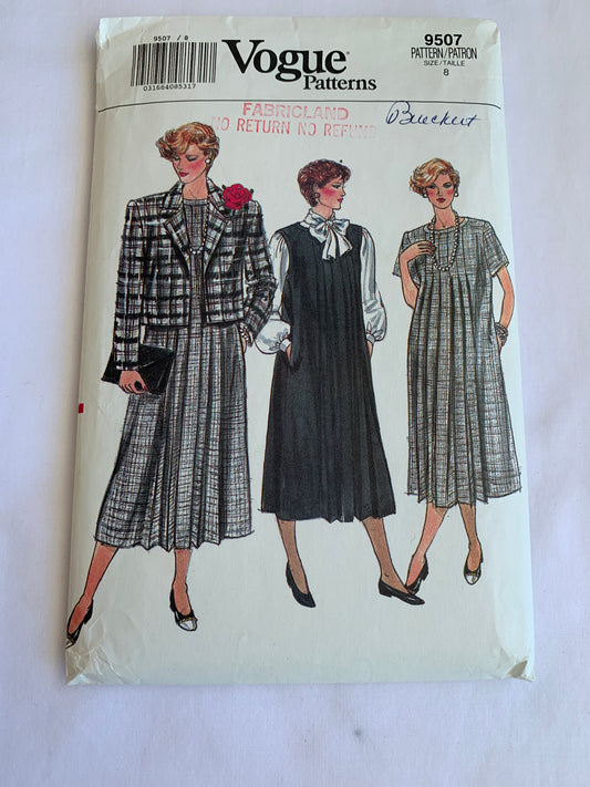 Vogue Sewing Pattern 9507 Misses' Maternity Jacket, Dress, Jumper, Loose-Fitting, Long/Short Sleeves, Size 8, Uncut, Vintage 1986
