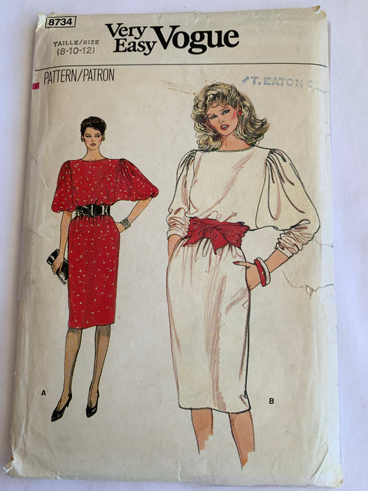 Vogue Sewing Pattern 8734 Misses' Dress, Pockets, Long/Short Sleeves, Loose-Fitting, Coller, Size 8-12, Uncut, Vintage 1989