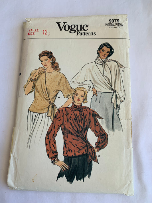 Vogue Sewing Pattern 9079 Misses' Blouse, Top, Loose-Fitting, Long/Short Sleeves, Shoulder Pads, Wrap, Uncut, Size 12, Vintage 1988