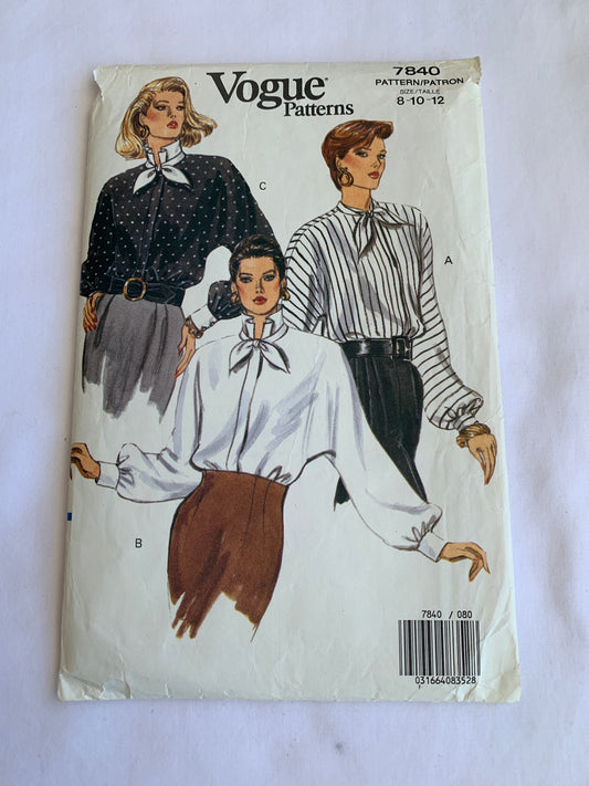 Vogue Sewing Pattern 7840 Misses' Blouse, Top, Loose-Fitting, Long Sleeves, Shoulder Pads, Button Front, Uncut, Size 8-12, Vintage 1988