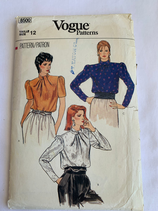 Vogue Sewing Pattern 8500 Misses' Blouse, Top, Loose-Fitting, Long/Short Sleeves, Shoulder Pads, Zipper Back, Uncut, Size 12, Vintage 1988