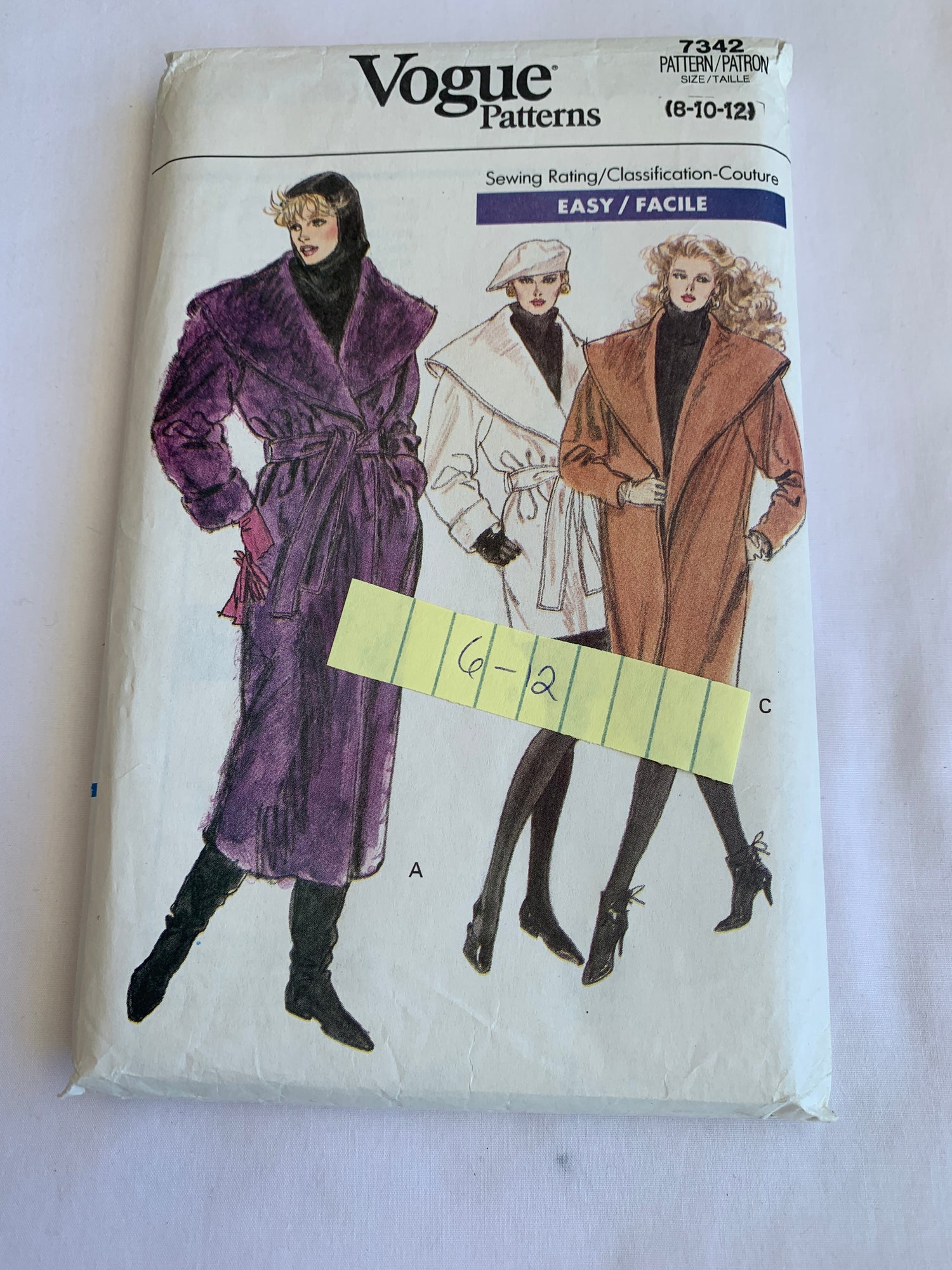 Vogue Sewing Pattern 7342 Misses' Coat, Loose-Fitting, Shoulder Pads, Long Sleeves, Pockets, Size 8-12, Half Size, Uncut, Vintage 1988