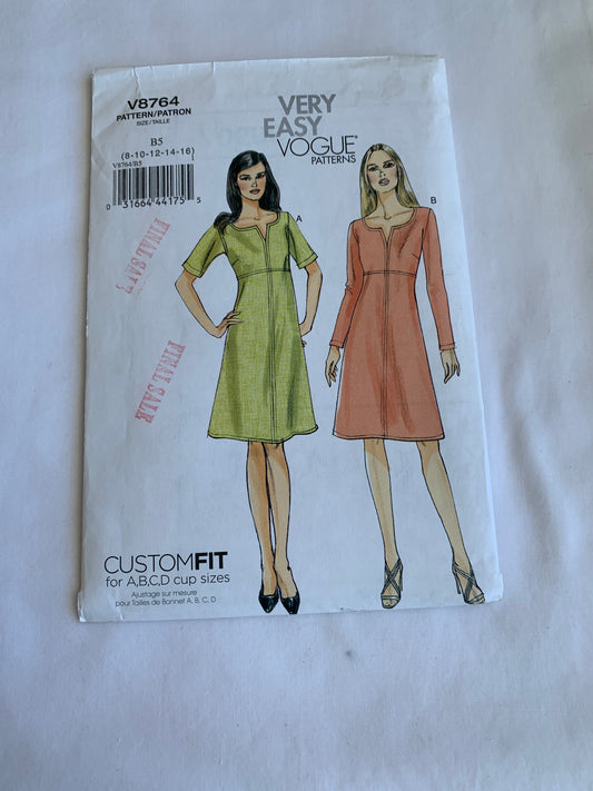Vogue Sewing Pattern V8764 Misses' Dress, Long/Short Sleeves, Close-Fitting, Zipper Back, Two Lengths, Size 8-16, Uncut, 2011
