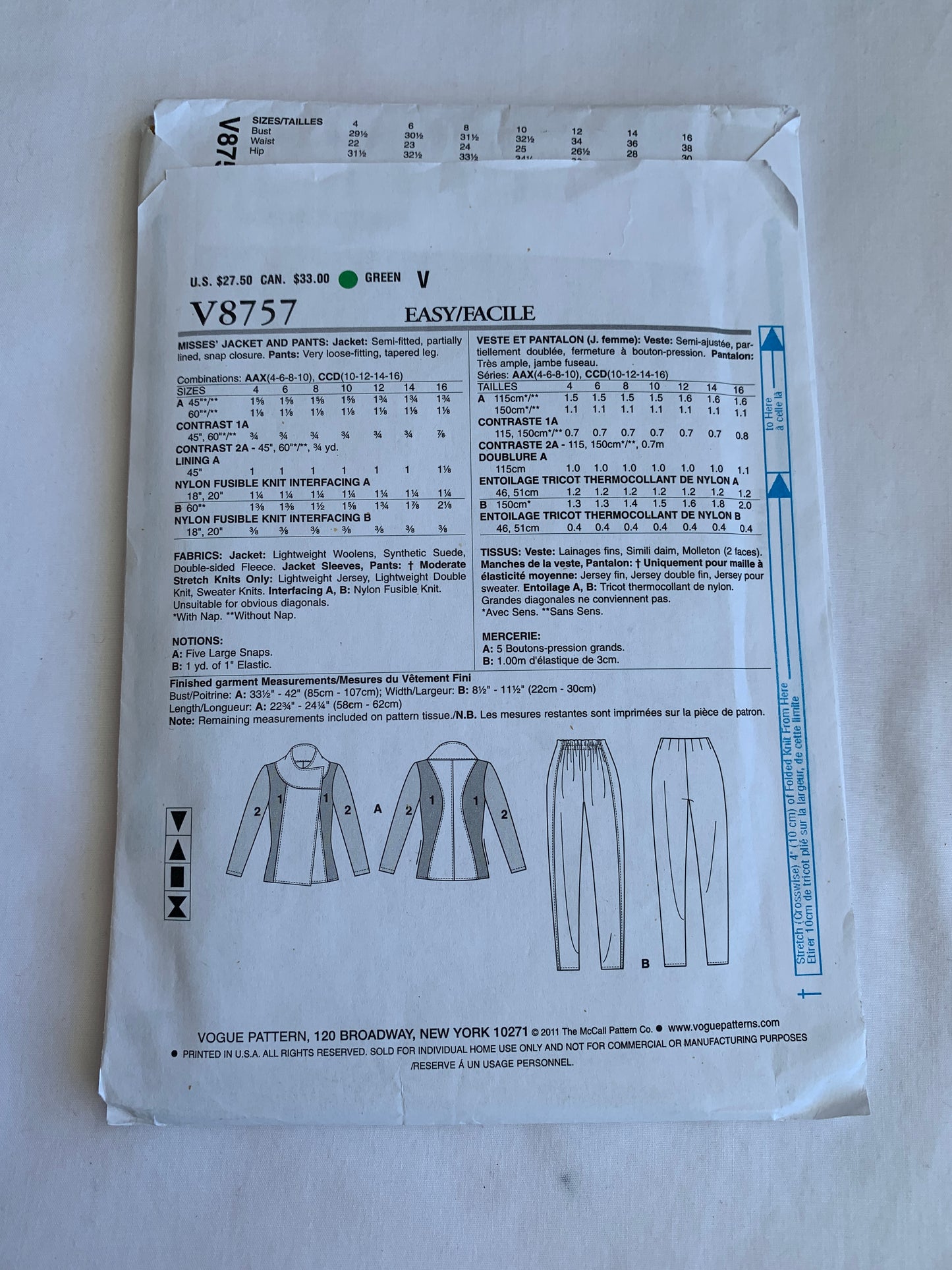 Vogue Sewing Pattern V8757 Misses' Jacket, Pants,Semi-Fitted, Lined, Elastic Waist, Size 10-16, Uncut, 2011