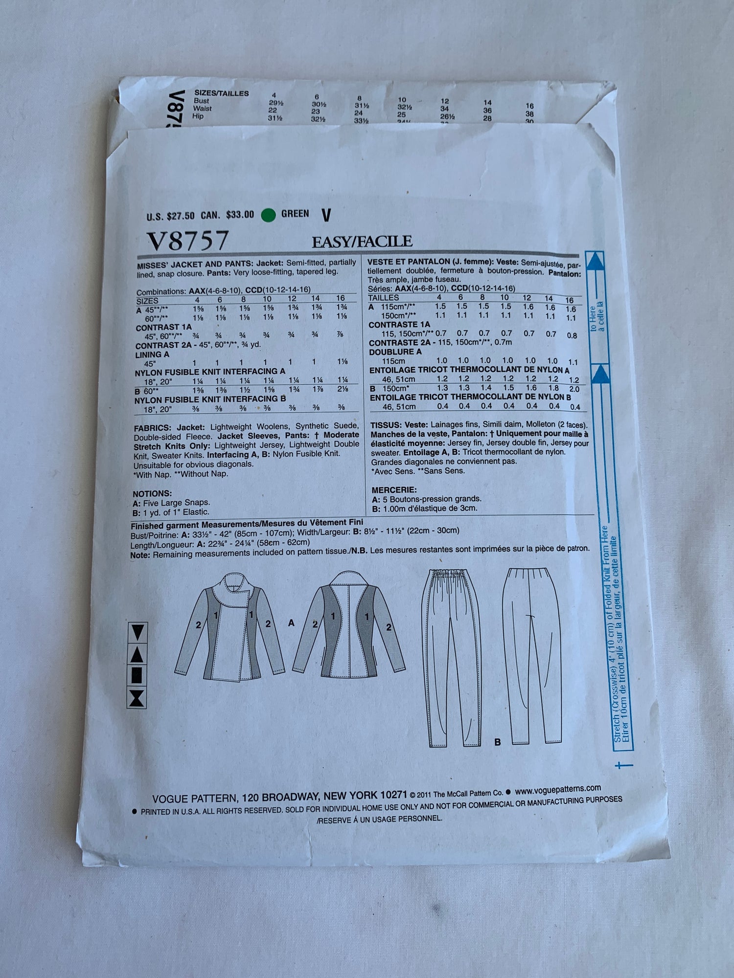 Vogue Sewing Pattern V8757 Misses' Jacket, Pants,Semi-Fitted, Lined, Elastic Waist, Size 10-16, Uncut, 2011