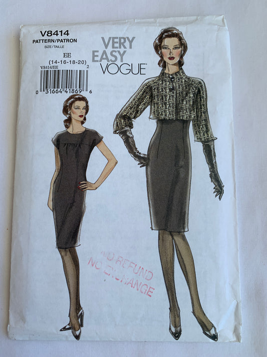 Vogue Sewing Pattern V8414 Misses' Jacket, Dress, Button Front, Raglan Sleeves, Zipper Back, Size 14-20, Uncut, 2007
