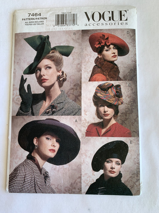 Vogue Sewing Pattern 7464 Misses' Vintage Hats, 5 Variations, Ribbons, Flowers, One Size, Uncut, 2001