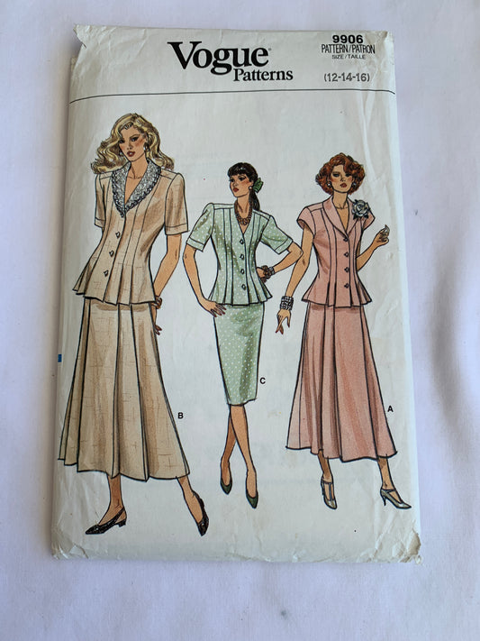 Vogue Sewing Pattern 9906 Misses' Top, Skirt, Button Front, Short Sleeves, Fitted, Flared, Shoulder Pads, Zipper Back, Size 12-16, Uncut, Vintage 1987