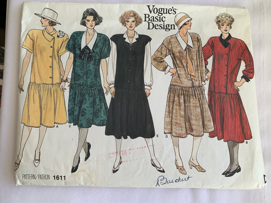 Vogue Sewing Pattern 1611 Misses' Maternity Dress, Long/Short Sleeves, Loose-Fitting, Collar, Button Front, Shoulder Pads, Size 6-10, Uncut, Vintage 1983