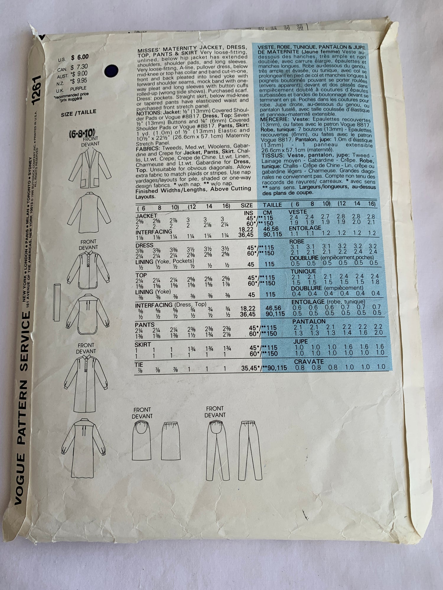 Vogue Sewing Pattern 1261 Misses' Maternity Dress, Jacket, Dress, Top, Pants, Skirts, Loose-Fitting, Shoulder Pads, Pockets, Size 6-10, Uncut, Vintage 1986