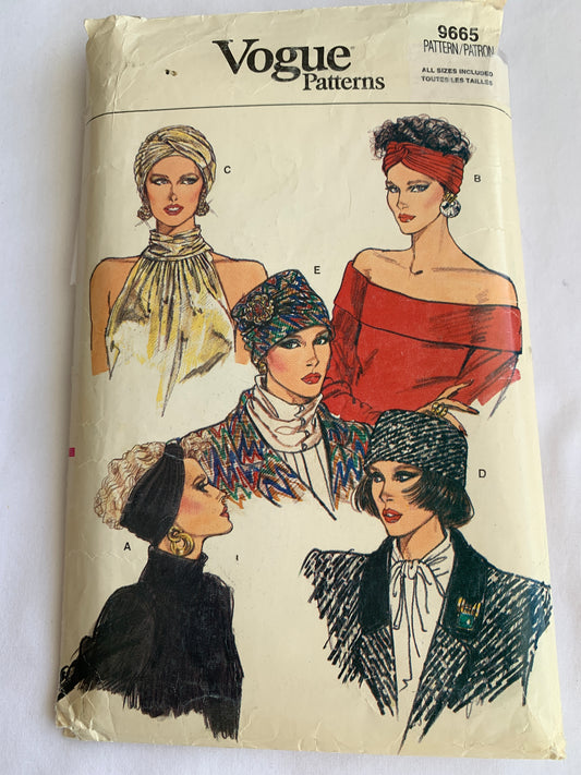 Vogue Sewing Pattern 9665 Misses' Vintage Hats, Turban, 5 Variations,Pleats, Lined, Twist, One Size, Cut, Vintage 1996