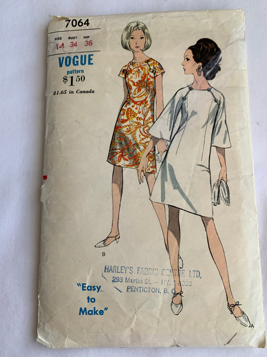 Vogue Sewing Pattern 7064 Misses' Dress, Long/Short Sleeves, Semi-Fitted, Zipper Back, Size 14, Cut, Vintage 1960