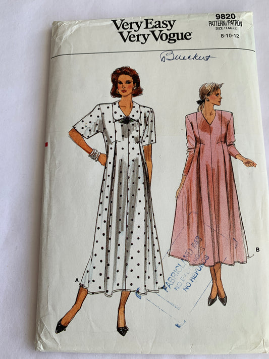 Vogue Sewing Pattern 9820 Misses' Maternity Dress, Long/Short Sleeves, Semi Fitted, Collar, Shoulder Pads, Zipper Back, Size 8, Cut, Vintage 1987