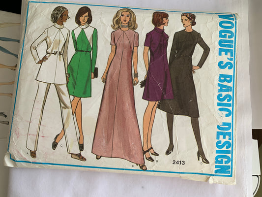 Vogue Sewing Pattern 2413 Misses' One-Piece Dress, Pants, Long/Short Sleeves, Zipper Back, Half Size 42, Cut, Vintage 1970