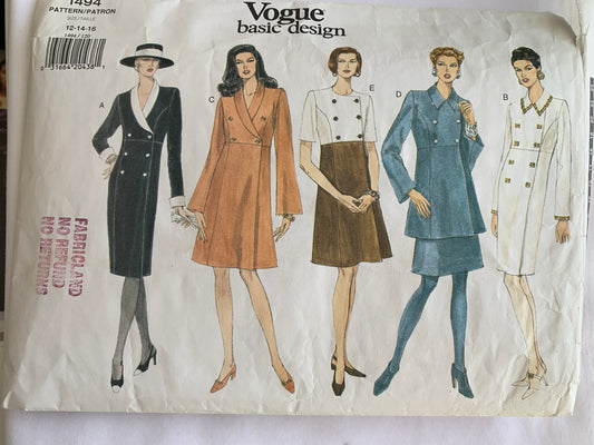 Vogue Sewing Pattern 1494 Misses' Dress, Tunic, Skirt, Double Breasted, Long/Short Sleeves, Zipper Back, Size 16, Cut, Vintage 1994