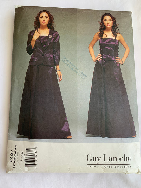 Vogue Guy Laroche Sewing Pattern 2497 Misses' Jacket, Top, Skirt, Fitted, Shoudler Pads, Pockets, Princess Seams, Floor Length, Size 18-22, Cut, 2000