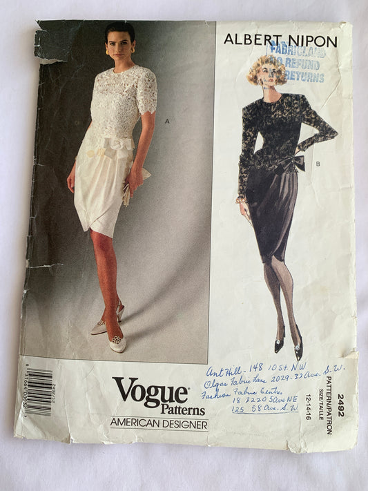 Vogue Albert Nipon Sewing Pattern 2492 Misses' Dress, Long/Short Sleeves, Size 12-16, Cut, Vintage 1990