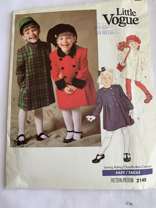 Vogue Little Sewing Pattern 2148 Girls' Coat, Loose-Fitting, Double-Breasted, Pockets, Long Sleeves, Size 3, Cut, Vintage 1988