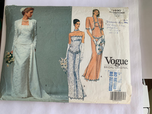 Vogue Sewing Pattern 2590 Misses' Bolero, Dress, Close-Fitting, Lined, Shoulder Pads, Long/Short Sleeves, Floor Length, Zipper Back, Size 6-10, Cut, Vintage 1991