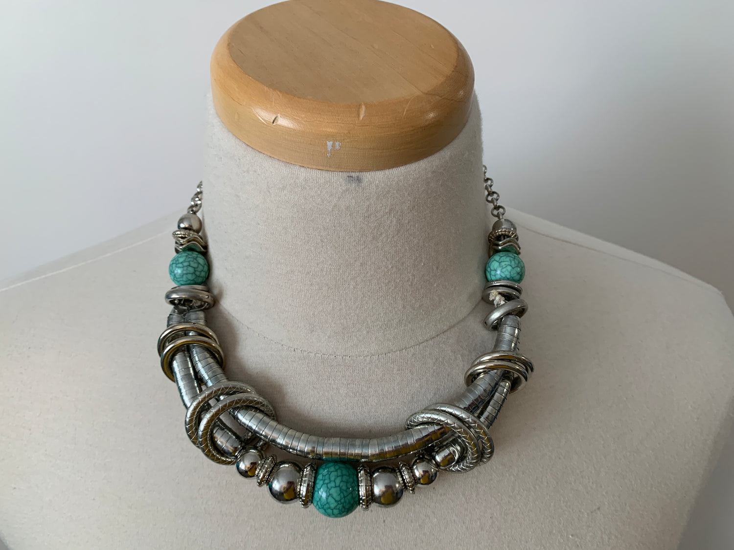 Vintage 1990's Boho Chunky Necklace, Lobster Clasp, Silver Tone, Turquoise Beads, Egyptian Style Costume Jewelry