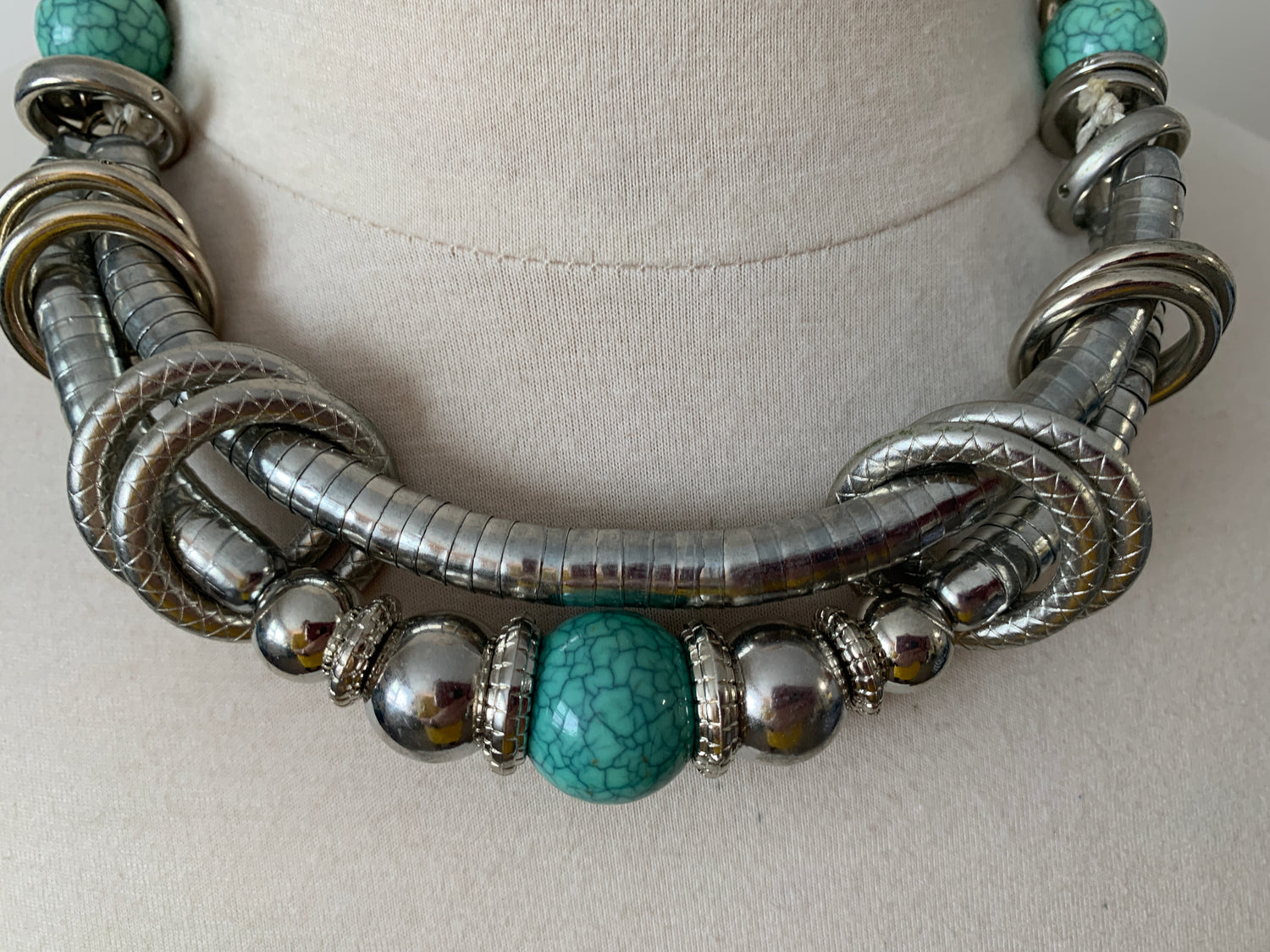 Vintage 1990's Boho Chunky Necklace, Lobster Clasp, Silver Tone, Turquoise Beads, Egyptian Style Costume Jewelry