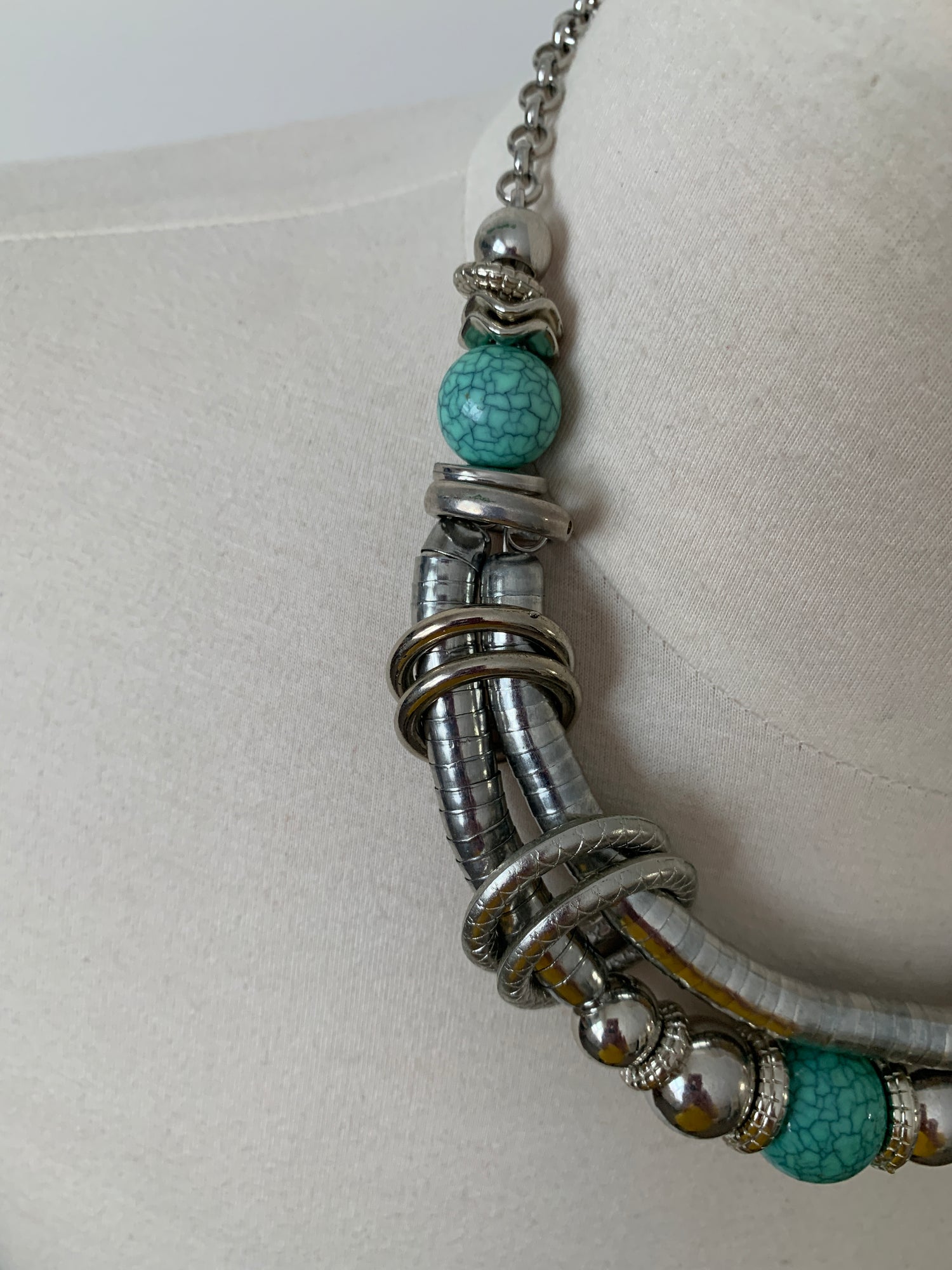 Vintage 1990's Boho Chunky Necklace, Lobster Clasp, Silver Tone, Turquoise Beads, Egyptian Style Costume Jewelry