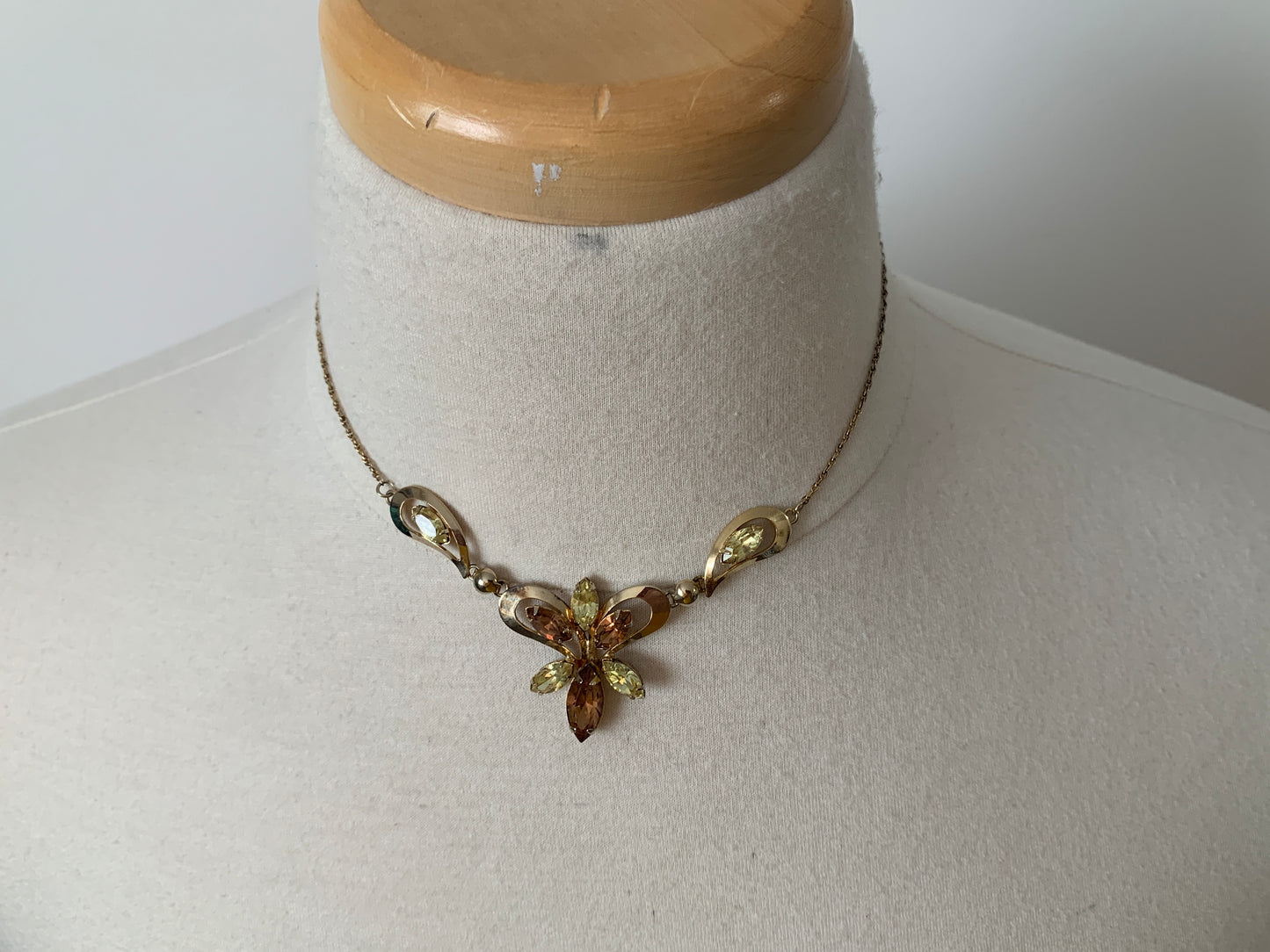 Vintage Delicate Green, Copper Rhinestones, Gold Tone Necklace, Spring Ring Clasp, Costume Jewelry