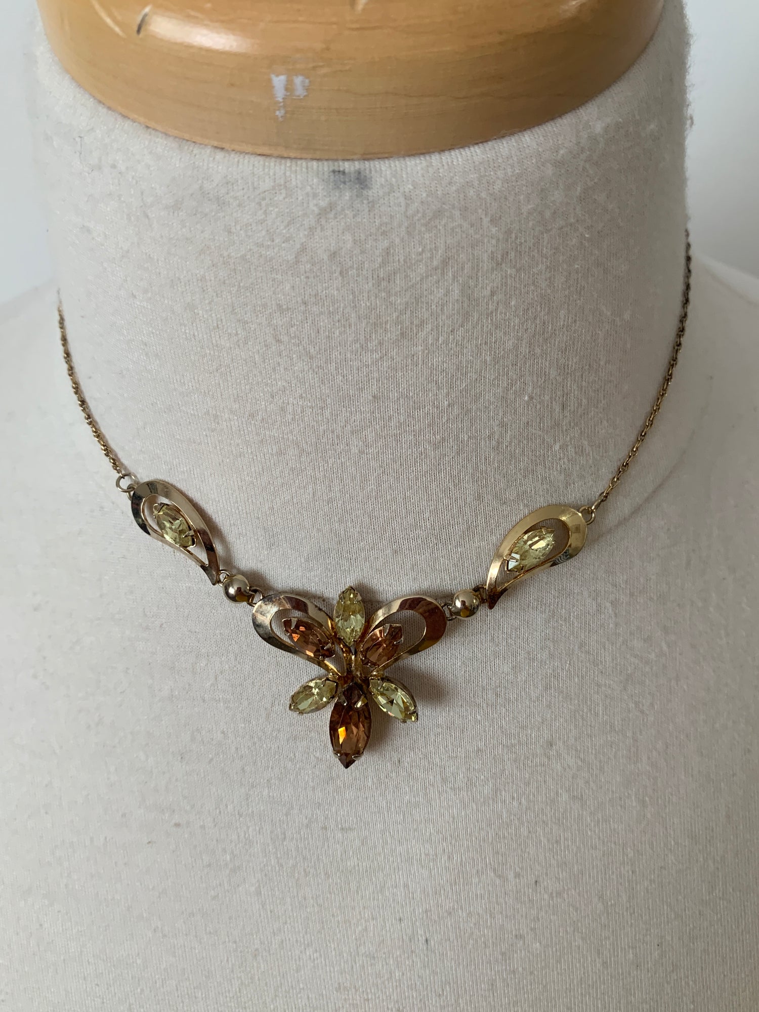 Vintage Delicate Green, Copper Rhinestones, Gold Tone Necklace, Spring Ring Clasp, Costume Jewelry